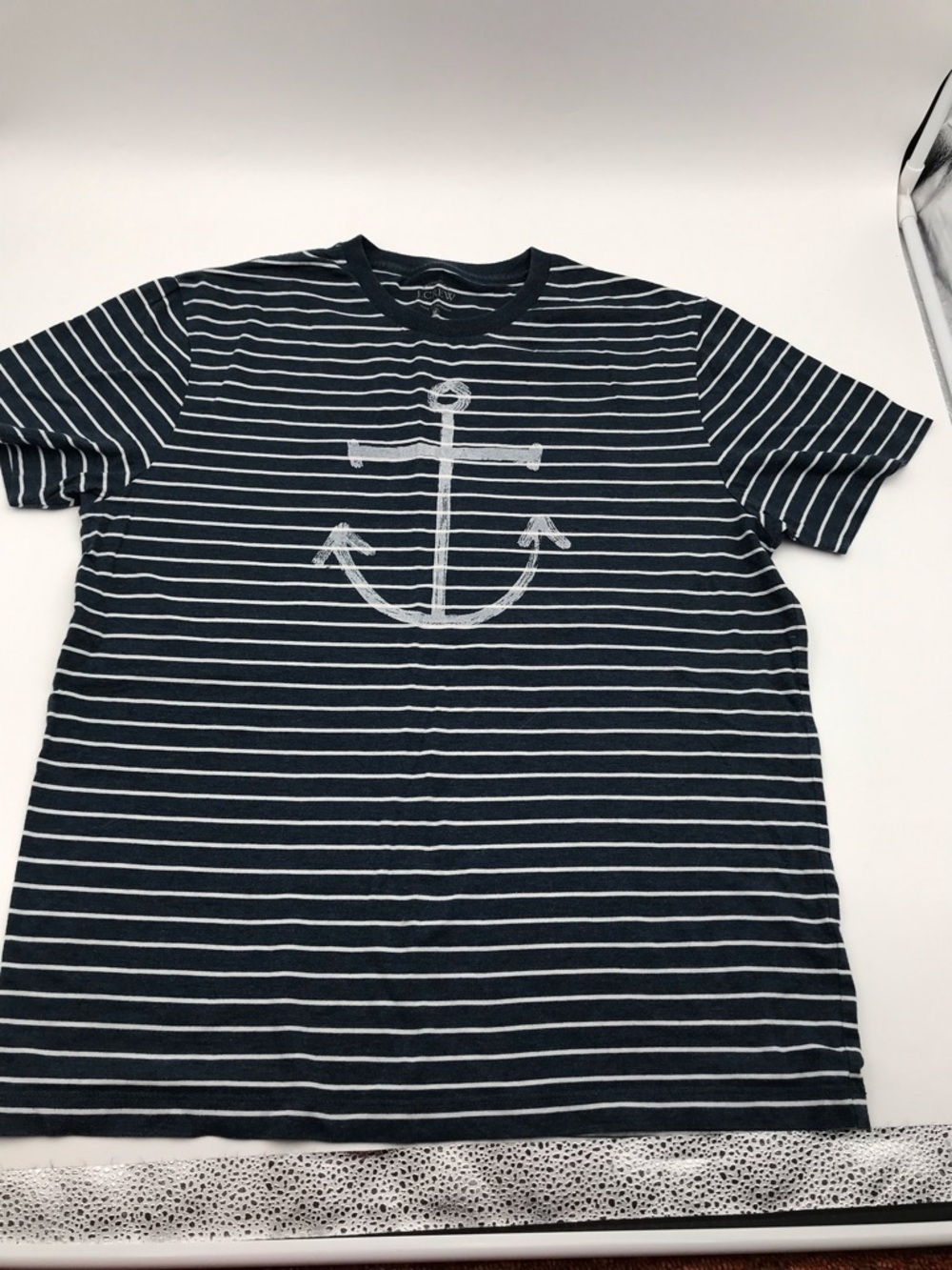 J Crew Navy Striped Anchor Graphic Crewneck Tee, M
